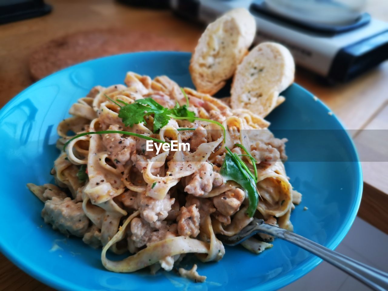 High angle view of food in plate on table