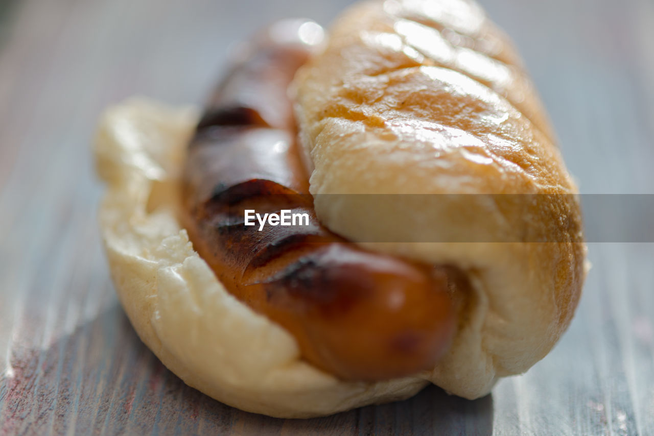 Close-up of hot dog on table