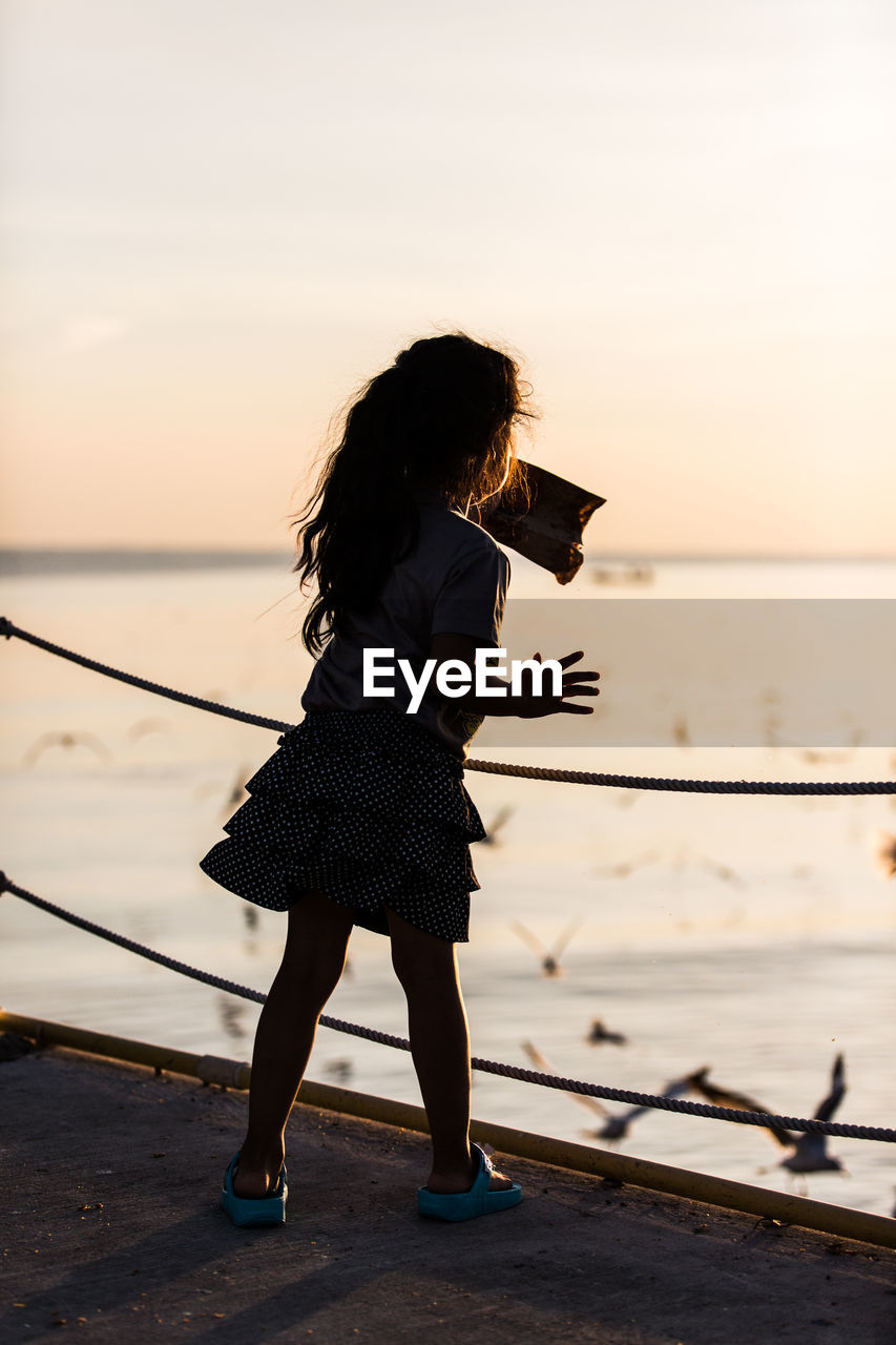 Rear view of girl standing on promenade during sunset