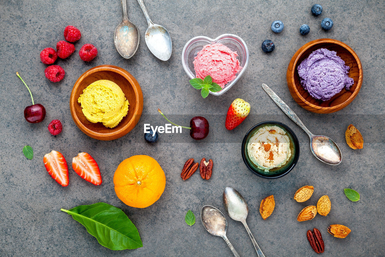 Directly above shot of ice creams with fruits on table