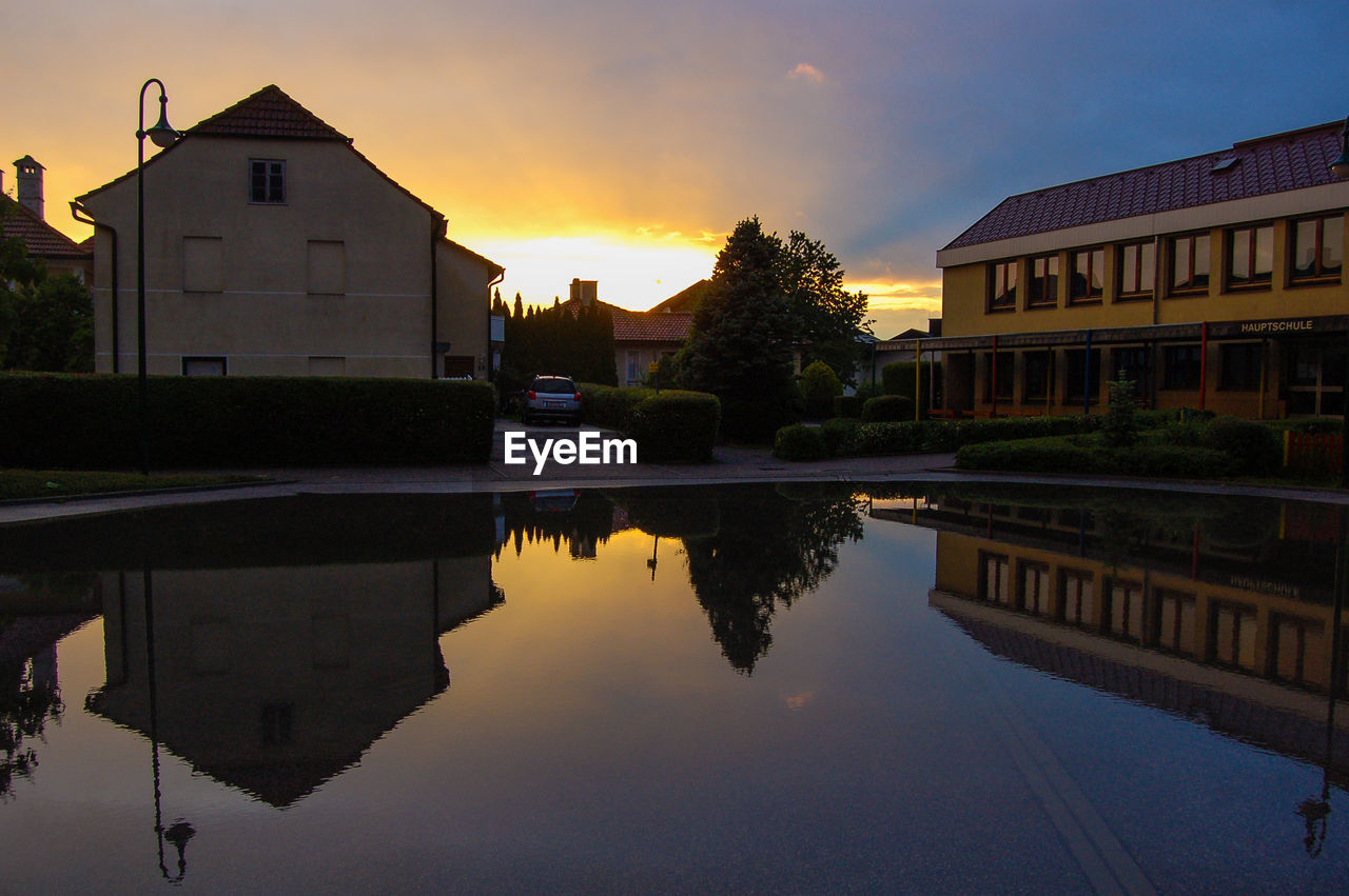 Reflection of houses and trees in water