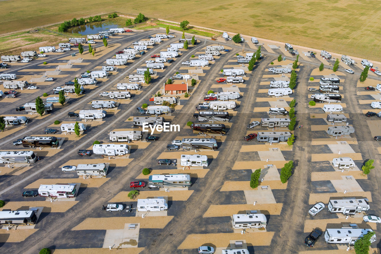 HIGH ANGLE VIEW OF AERIAL VIEW OF TRAINS