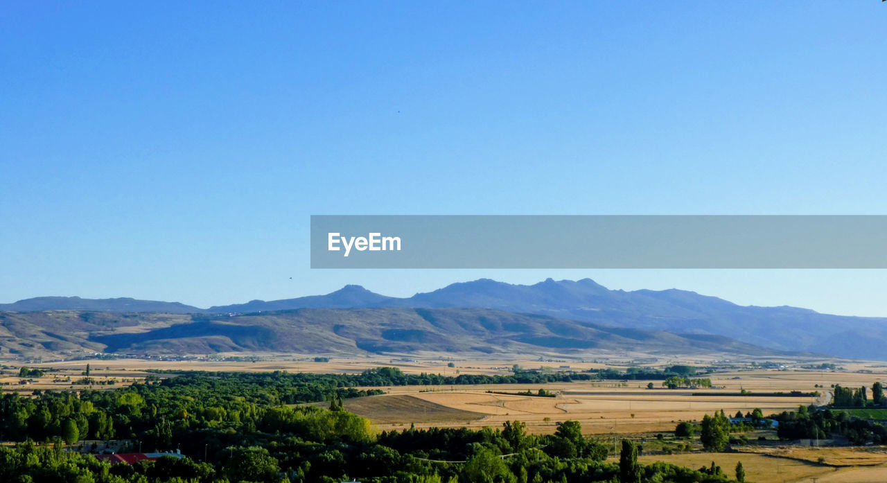 Scenic view of agricultural landscape against clear blue sky