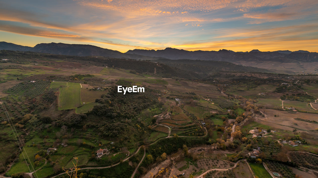 High angle view of landscape against sky during sunset