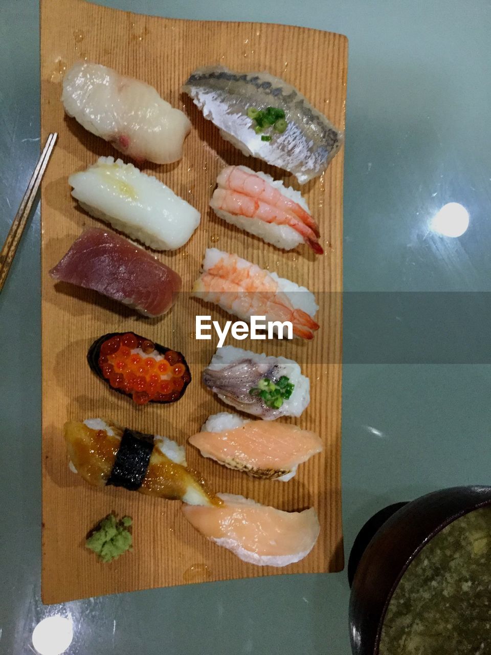 High angle view of sushi on cutting board
