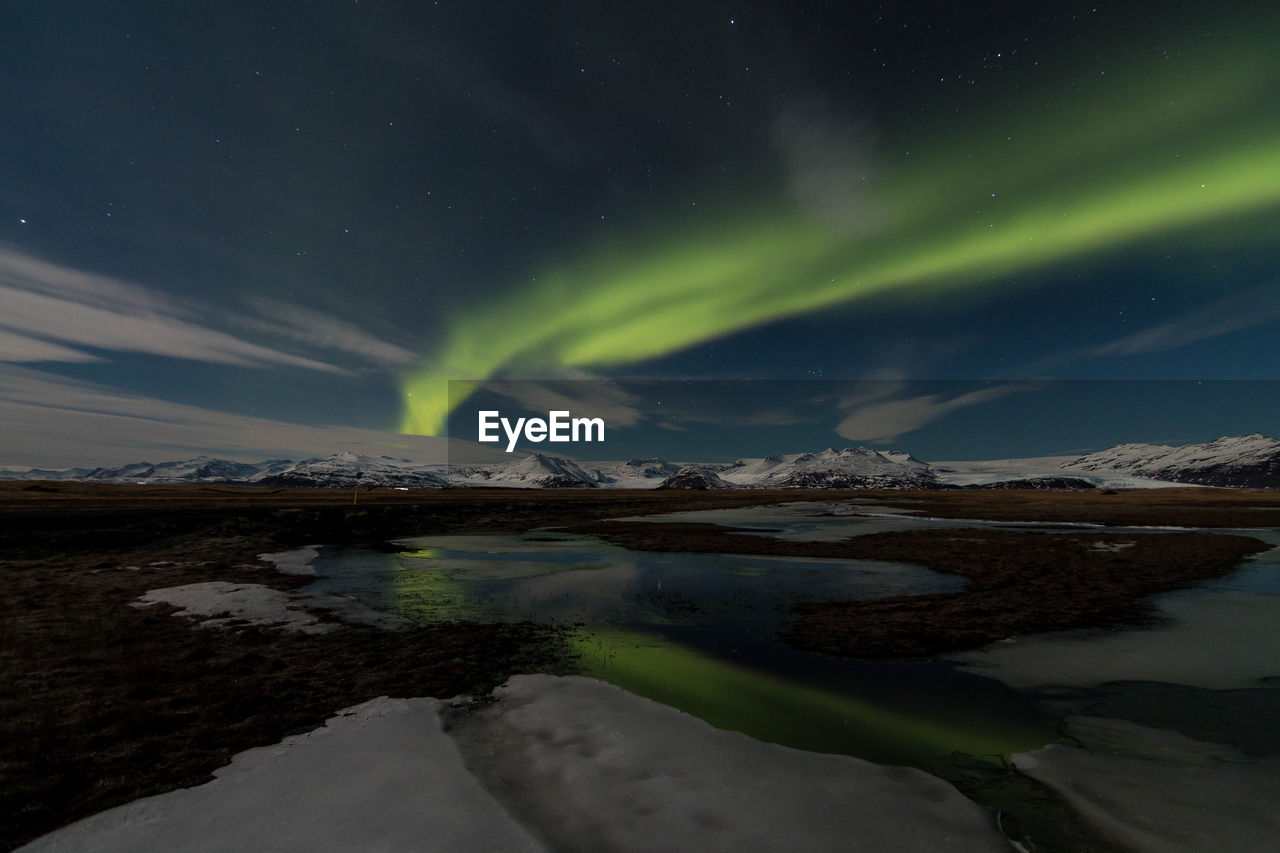 Scenic aurora borealis over vatnajokull glacier