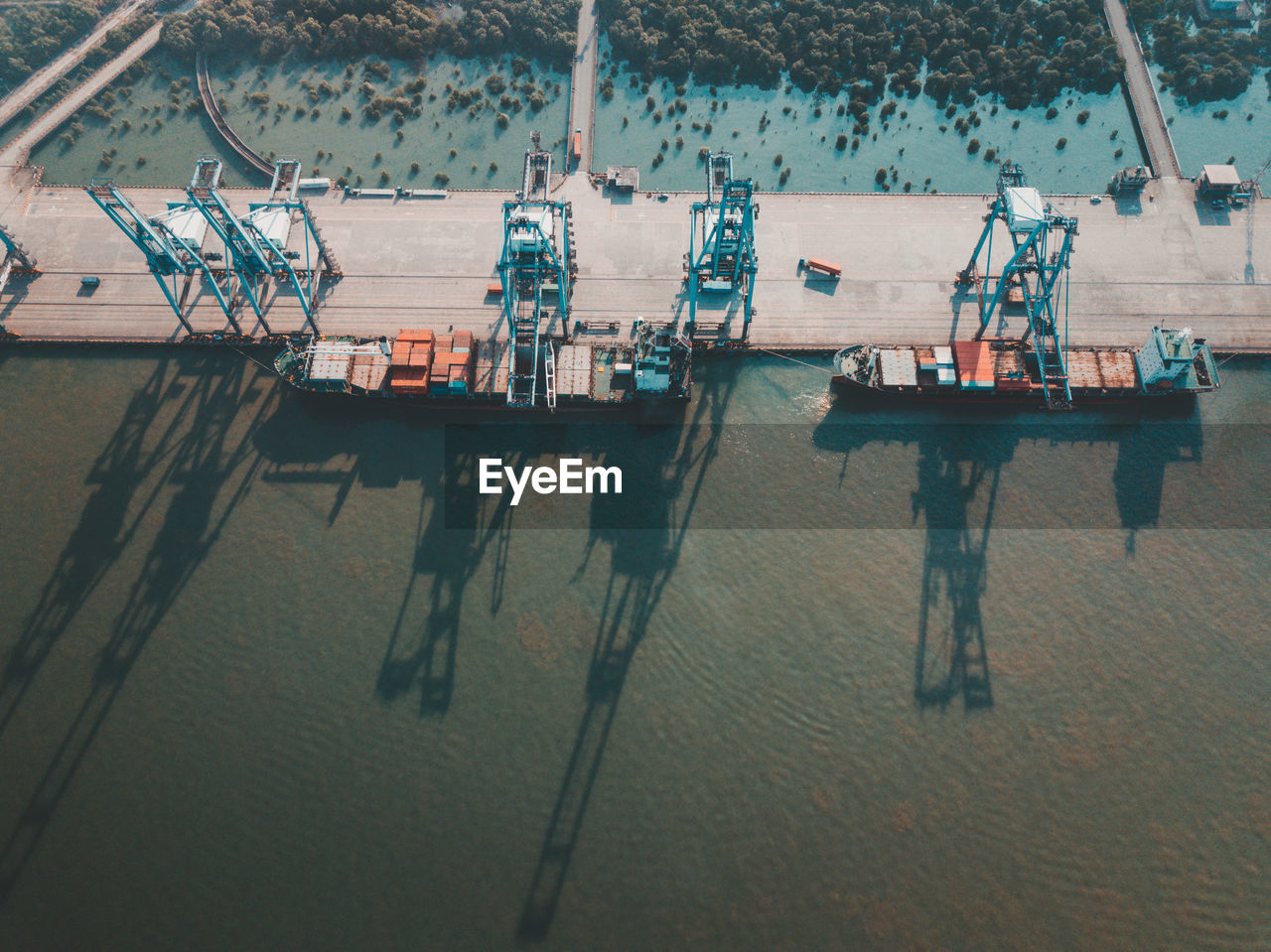 High angle view of freight transportation on sea at port