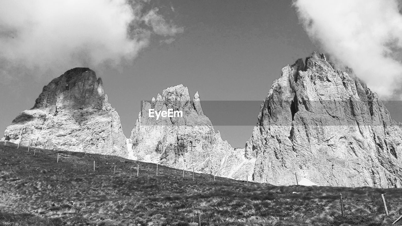 Low angle view of rock formations against sky