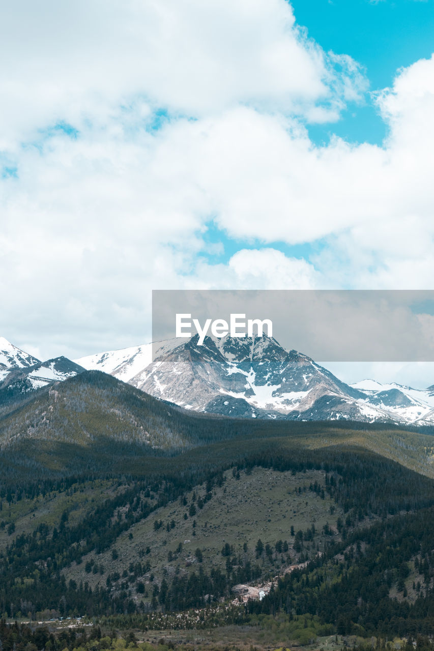 Scenic view of snowcapped mountains against cloudy sky