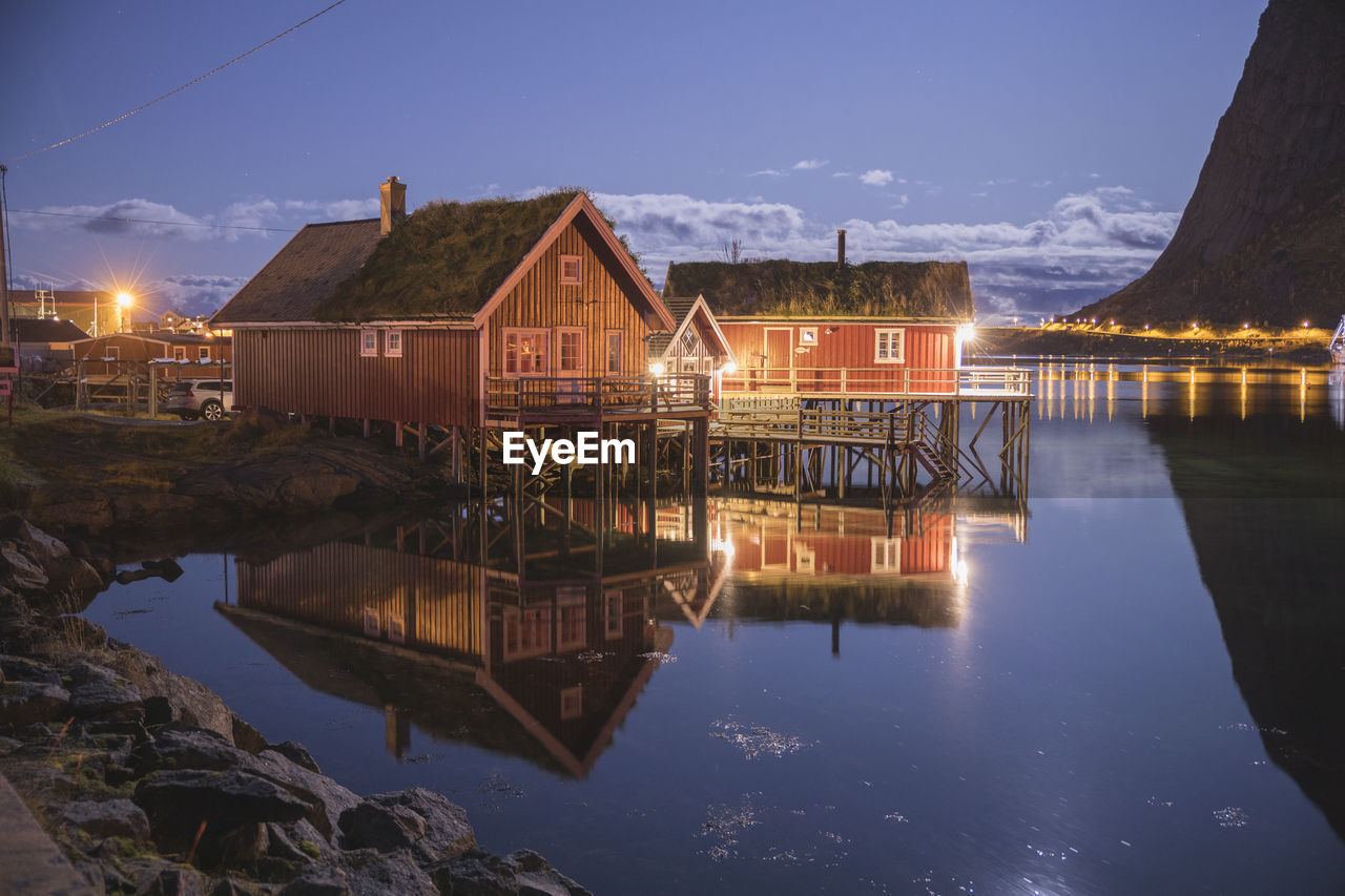 Palatial houses typical of the lofoten islands at night