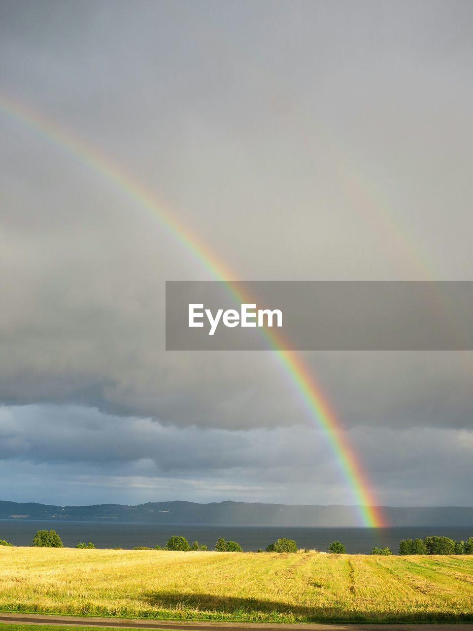 Idyllic view of rainbow over grassy field