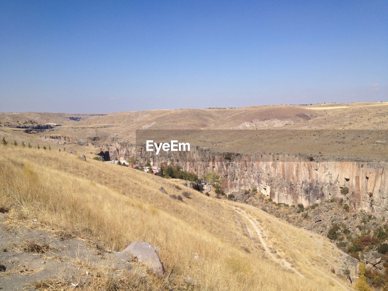 Scenic view of land against clear blue sky