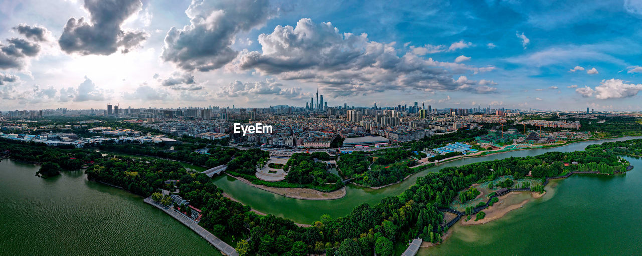 High angle view of river amidst buildings in city