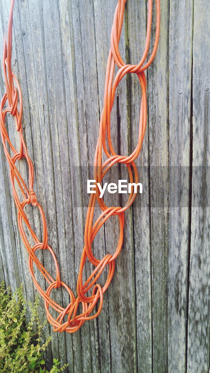 Close-up of rope hanging on wooden wall