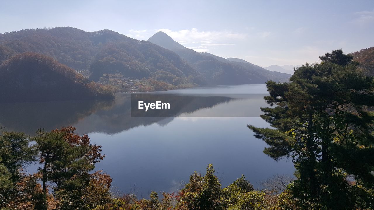 Scenic view of lake and mountains against sky