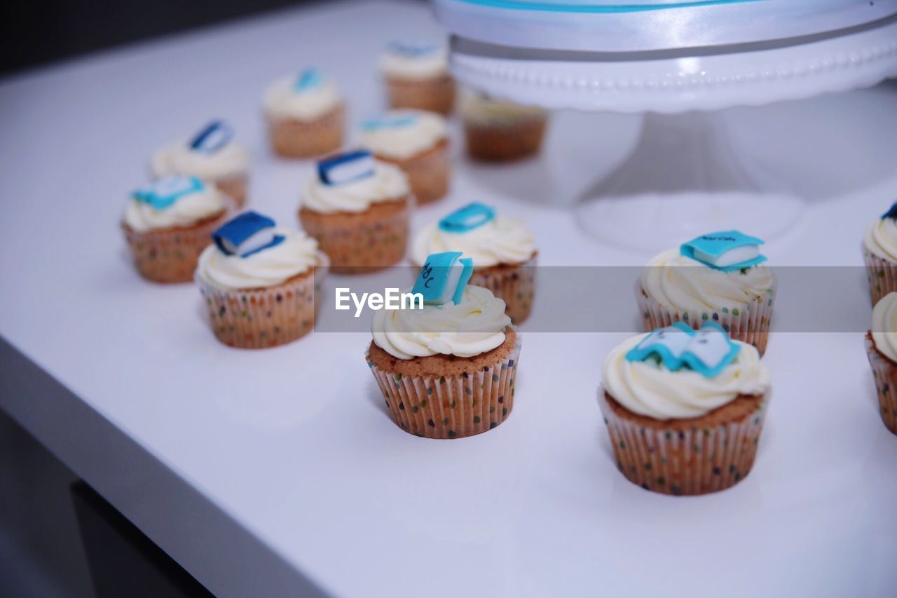 High angle view of cupcakes on table