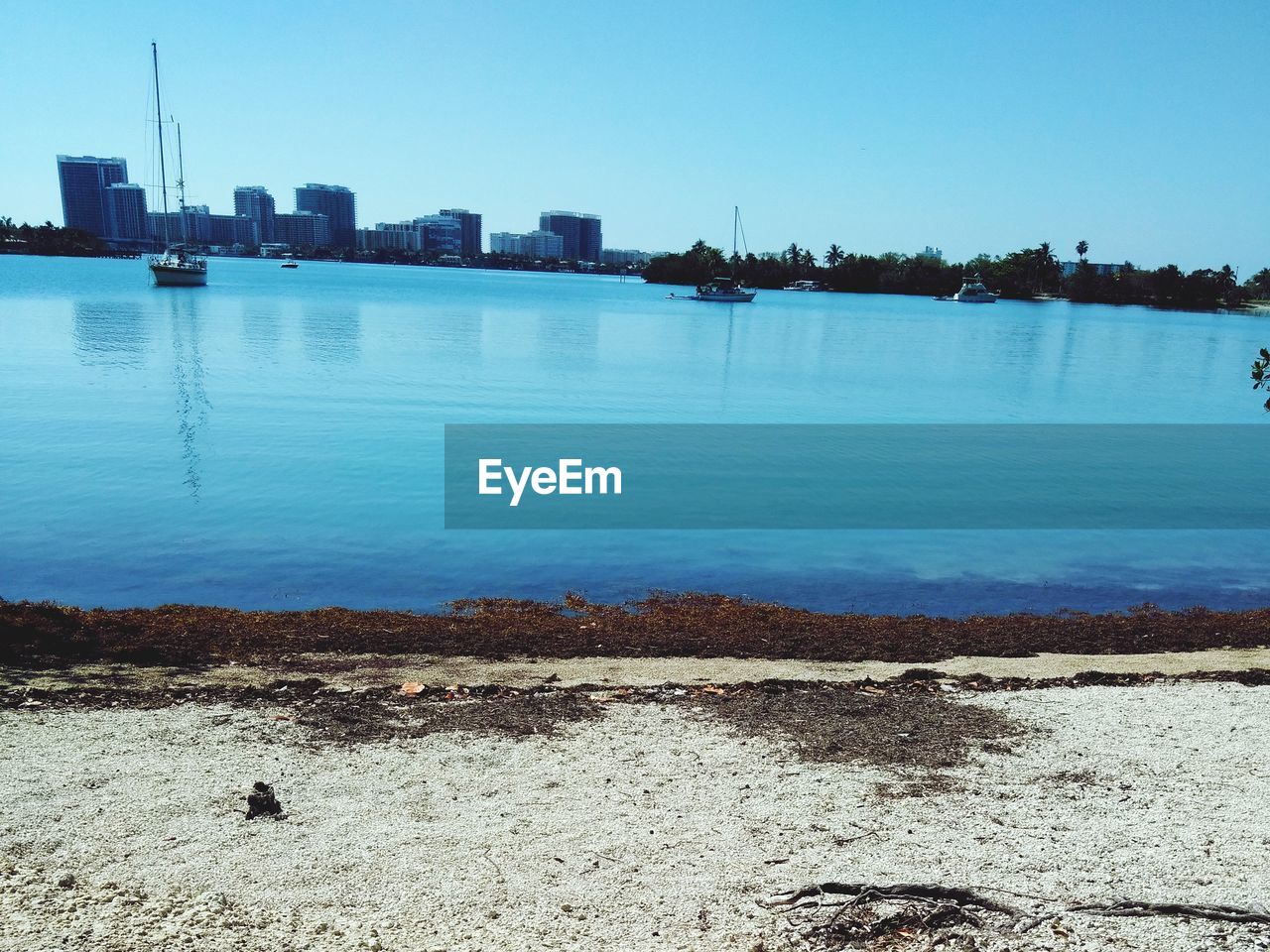 Scenic view of river by city against clear sky