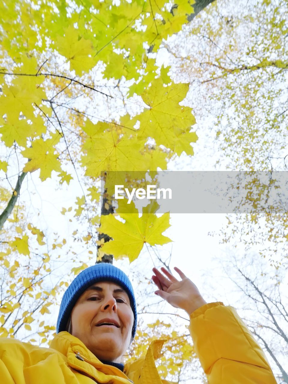 Low angle portrait of smiling young woman standing by autumn leaves outdoors