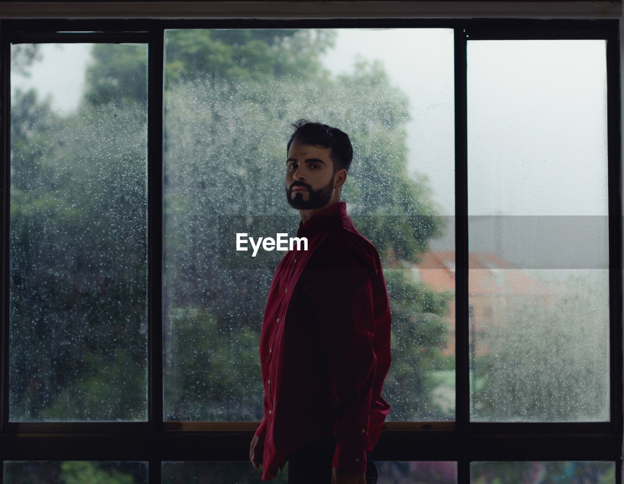 Portrait of man looking through window