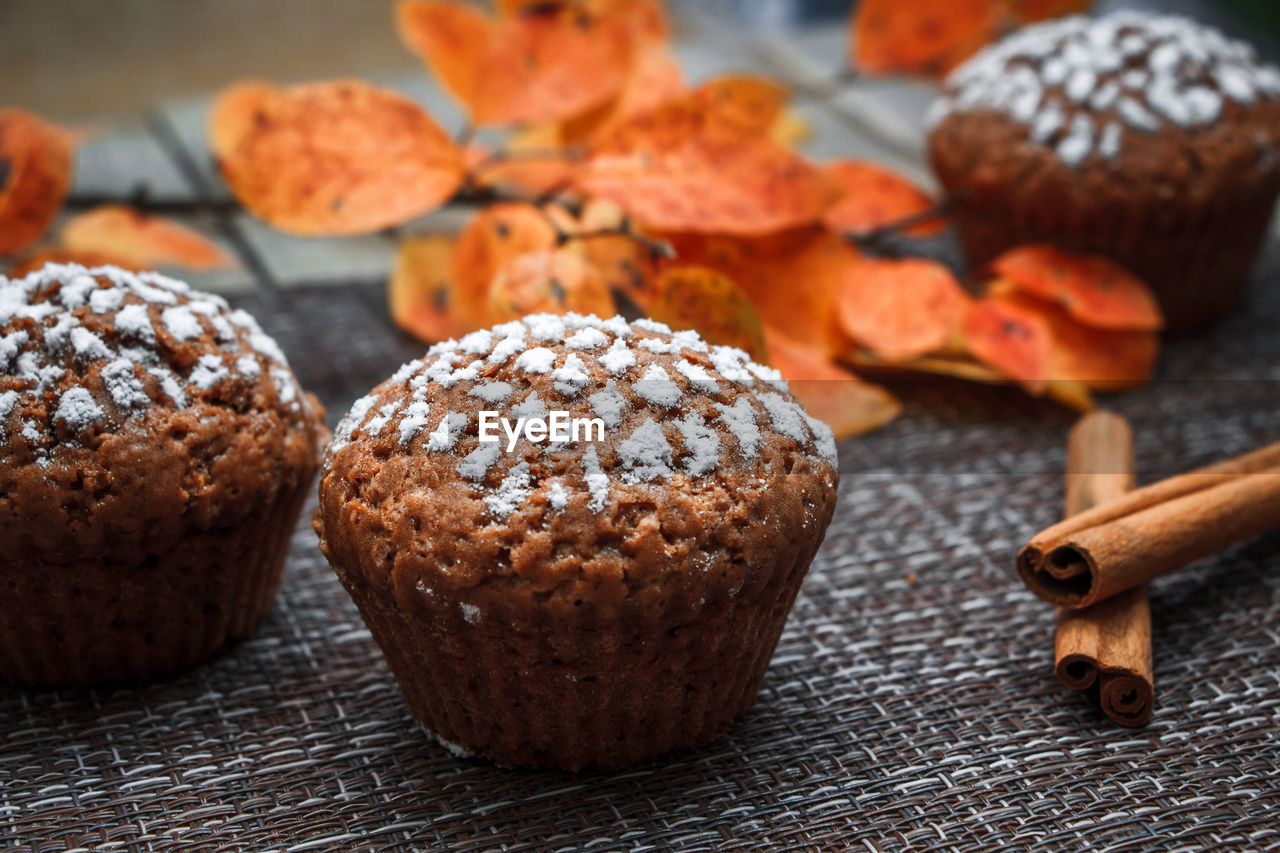 Chocolate muffins with apple filling on a background of autumn leaves and cinnamon
