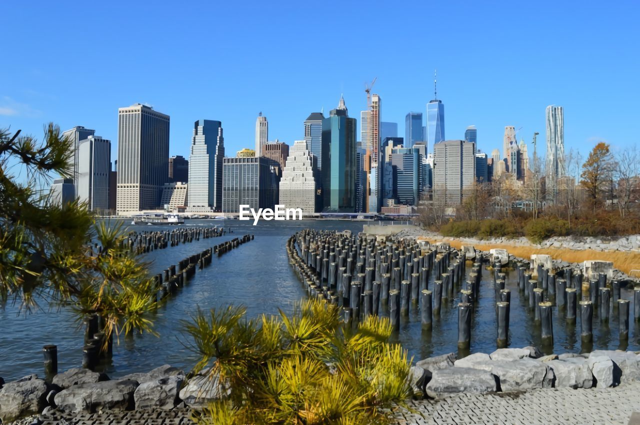 Panoramic shot of city buildings against clear sky