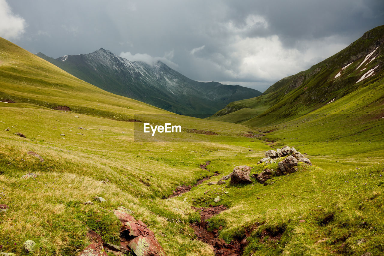 Mountain stream flows over the stones in a green valley among the mountains. karachay-cherkessiya