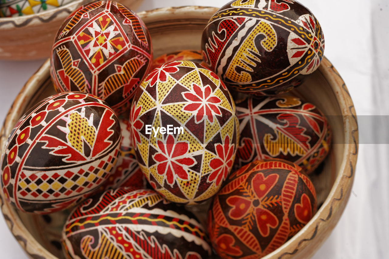 High angle view of decorated easter eggs