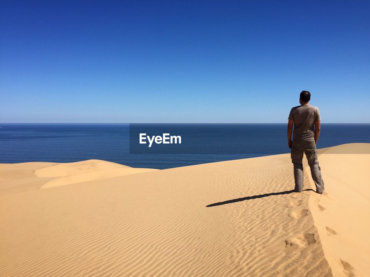 Rear view of man standing on sand dune against clear sky