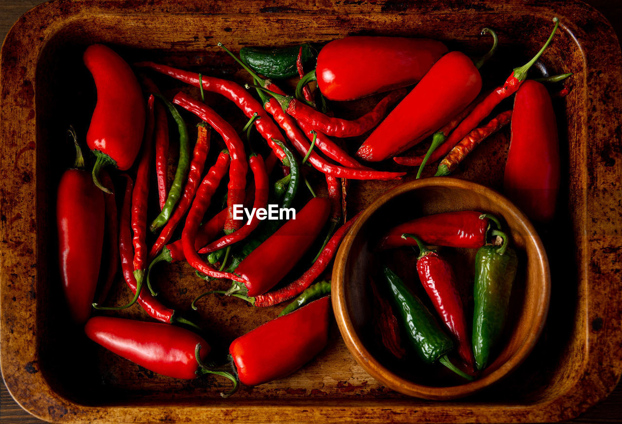 red, pepper, vegetable, chili pepper, food and drink, spice, food, red chili pepper, bell peppers and chili peppers, produce, directly above, freshness, no people, studio shot, high angle view, indoors, healthy eating, italian sweet pepper, still life, plant, wellbeing, pepper - vegetable, ingredient, close-up, wood