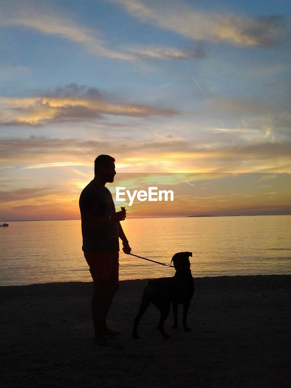 Silhouette of man and dog on beach during sunset