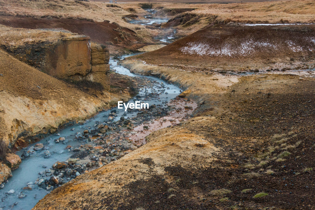 HIGH ANGLE VIEW OF RIVER FLOWING BETWEEN ROCKS