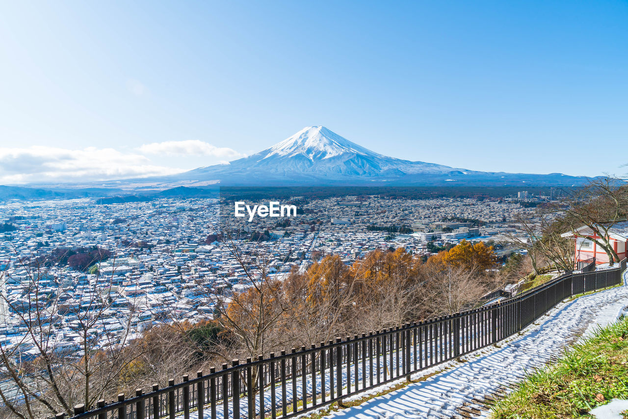 Scenic view of snowcapped mountain in city