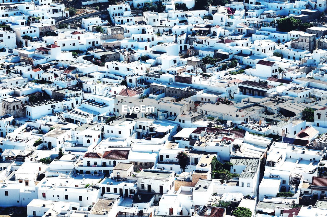 High angle view of houses in town