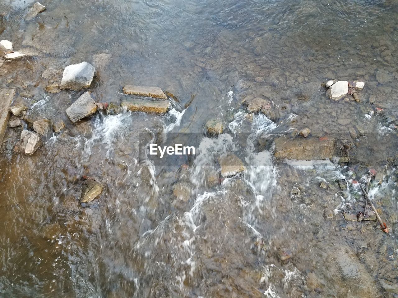 CLOSE-UP OF WATER FLOWING THROUGH ROCKS