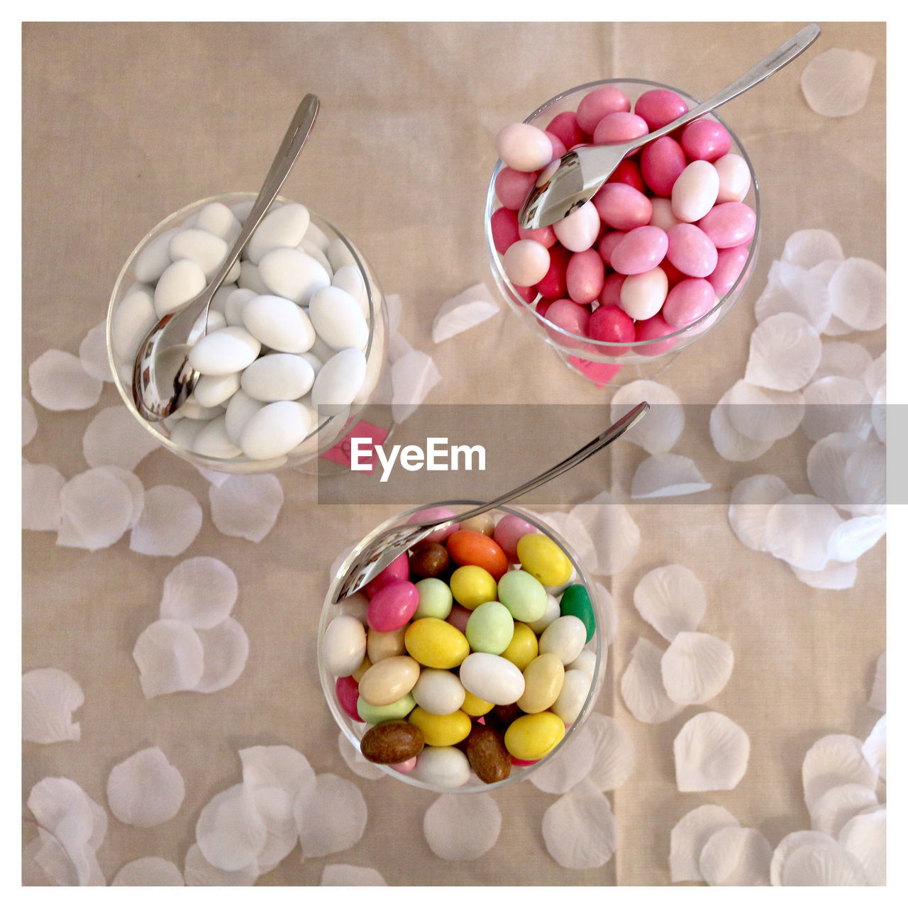 High angle view of candy in bowl on table