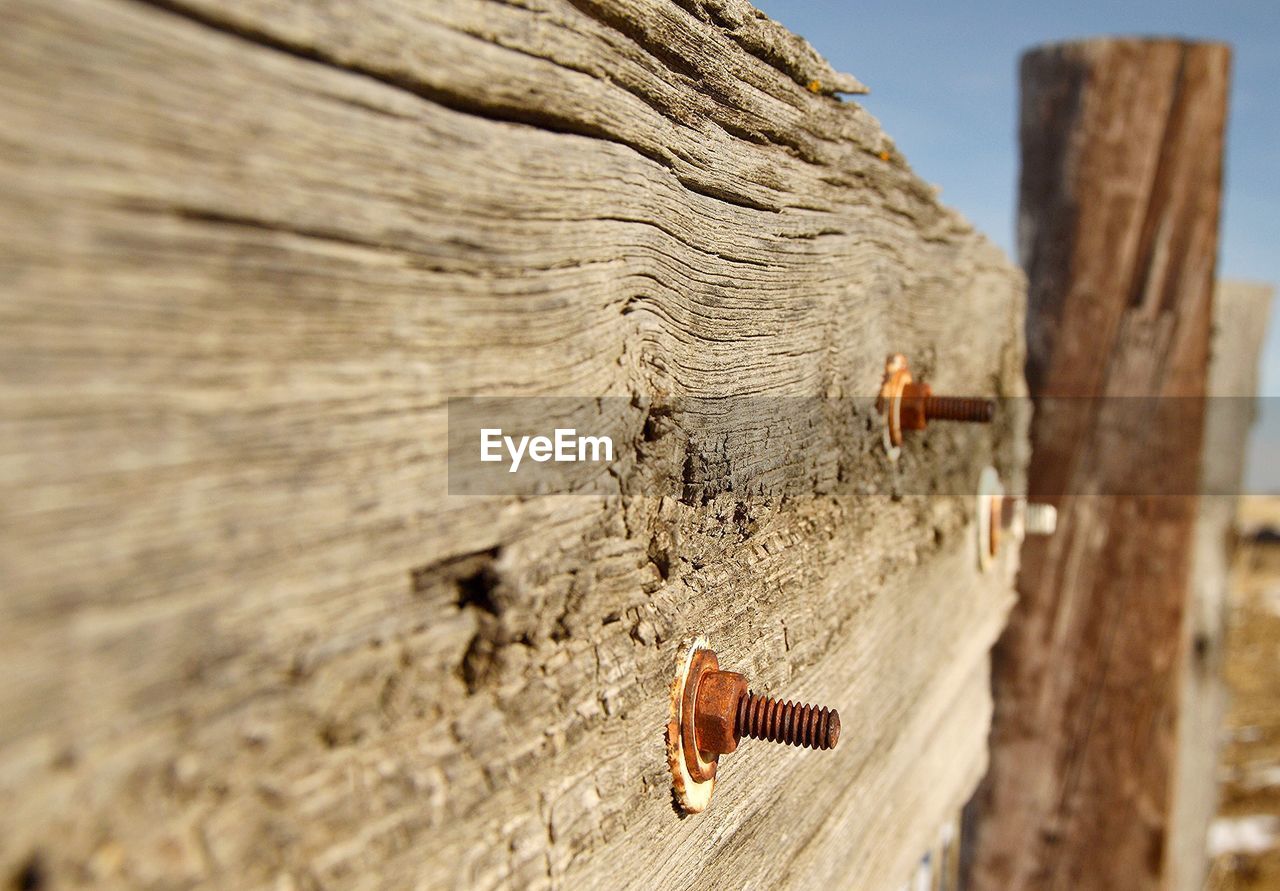 Old rusty bolts protruding on wooden planks