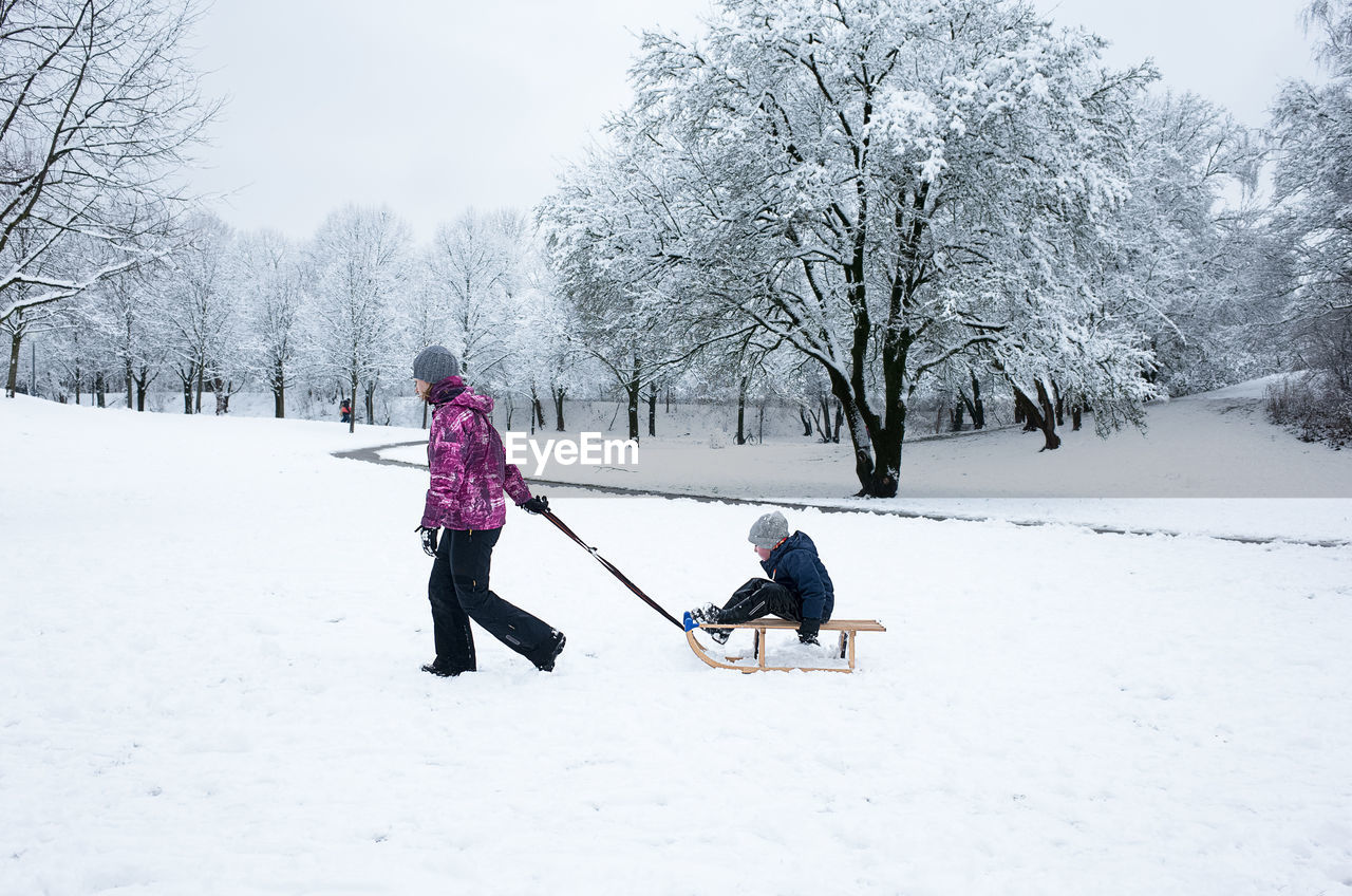 PEOPLE PLAYING ON SNOW COVERED TREE