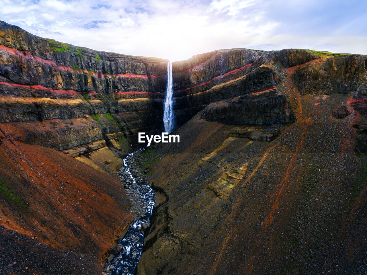 Scenic view of waterfall against sky