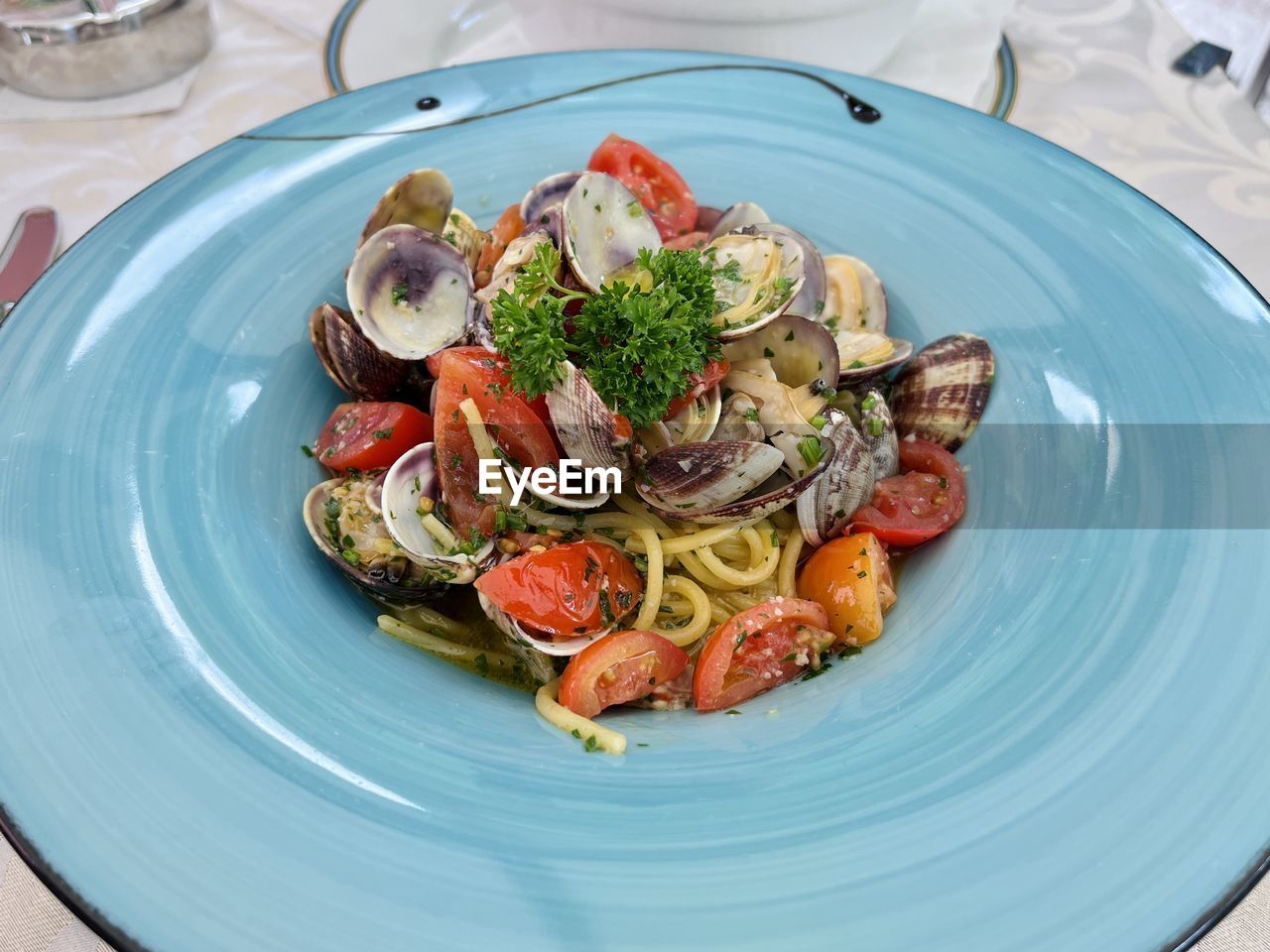 Spaghetti with clams, italian food.