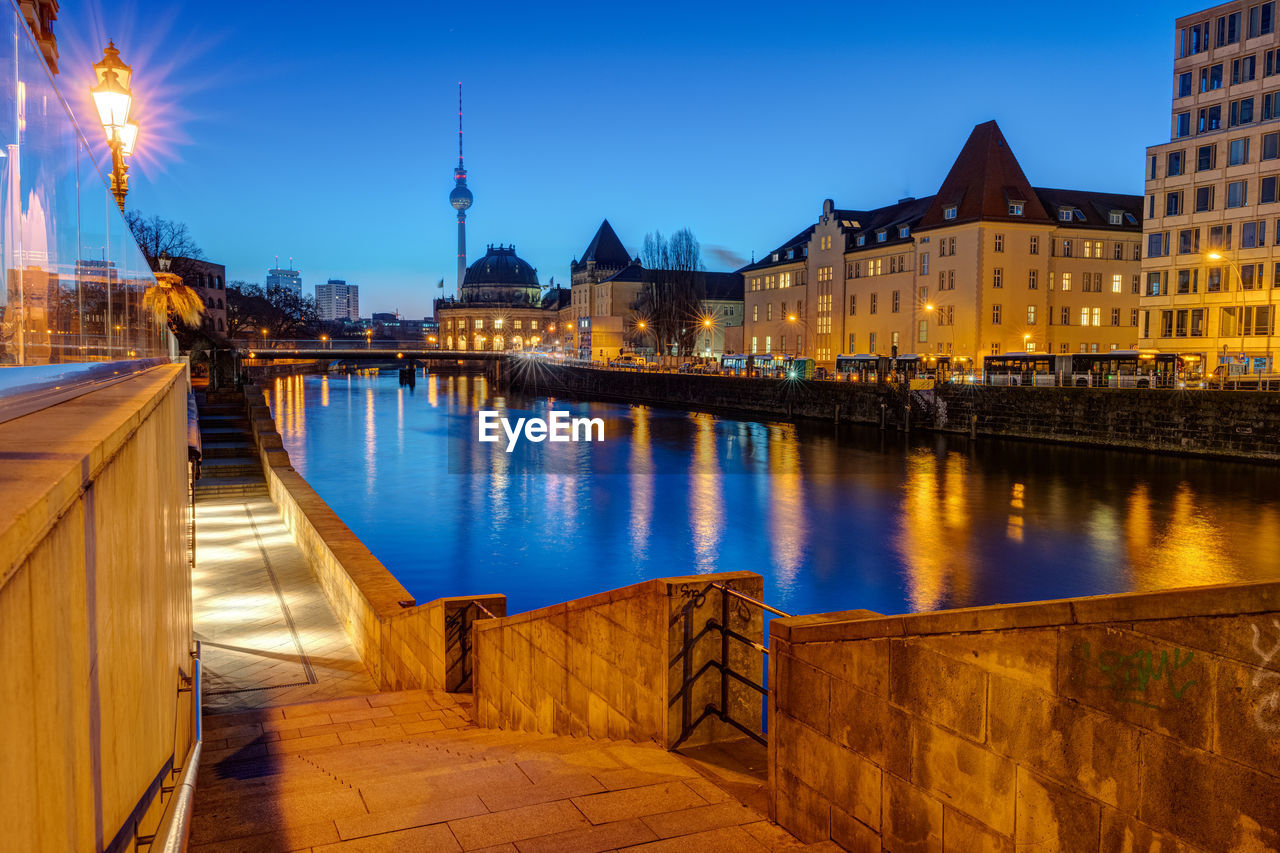 View along the banks of the river spree in berlin at twilight