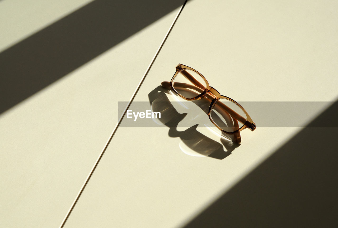 Close-up of eyeglasses in sunlight