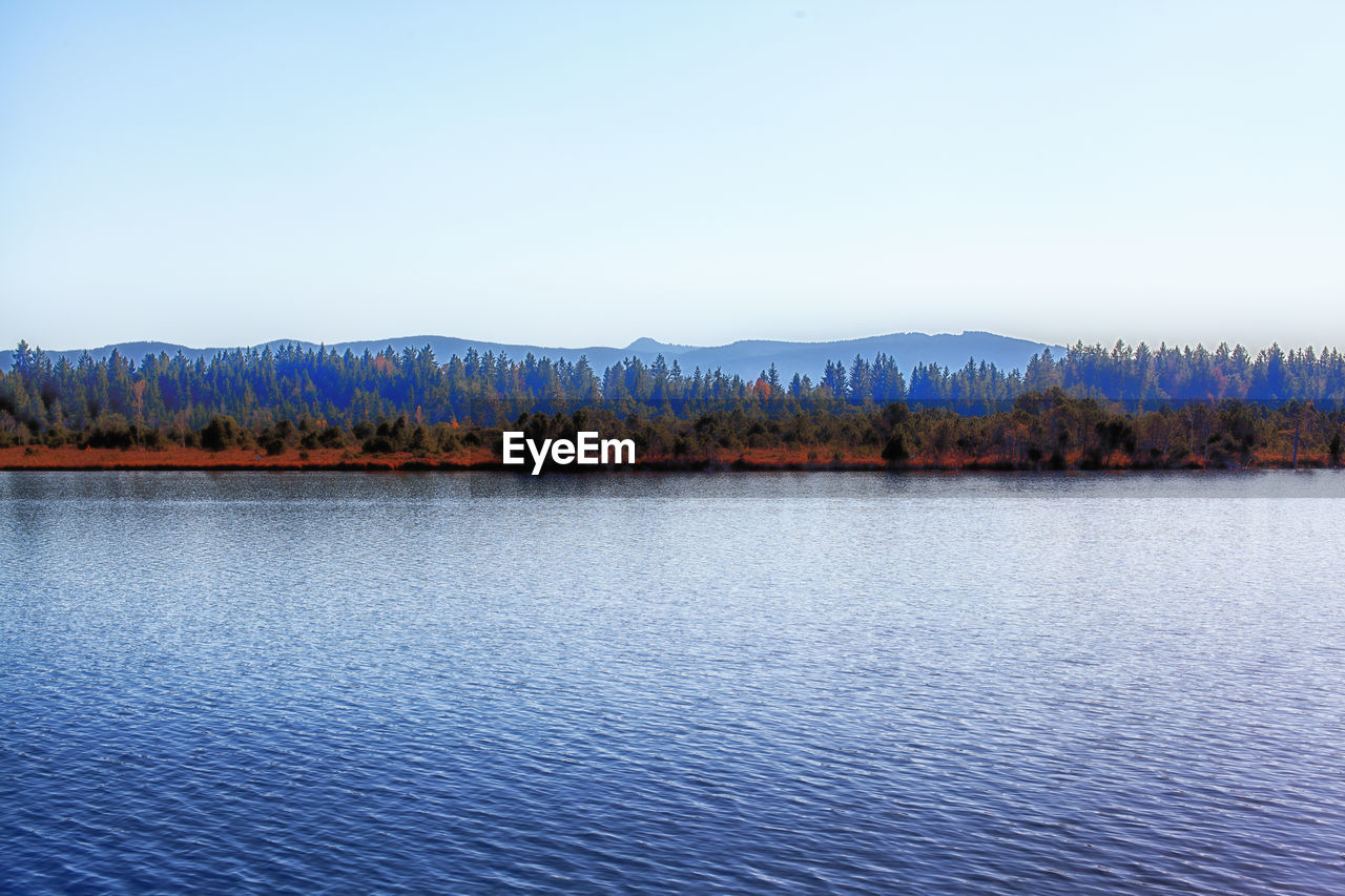 Scenic view of lake against clear sky