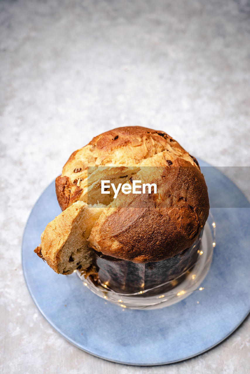 High angle view of bread in plate on table