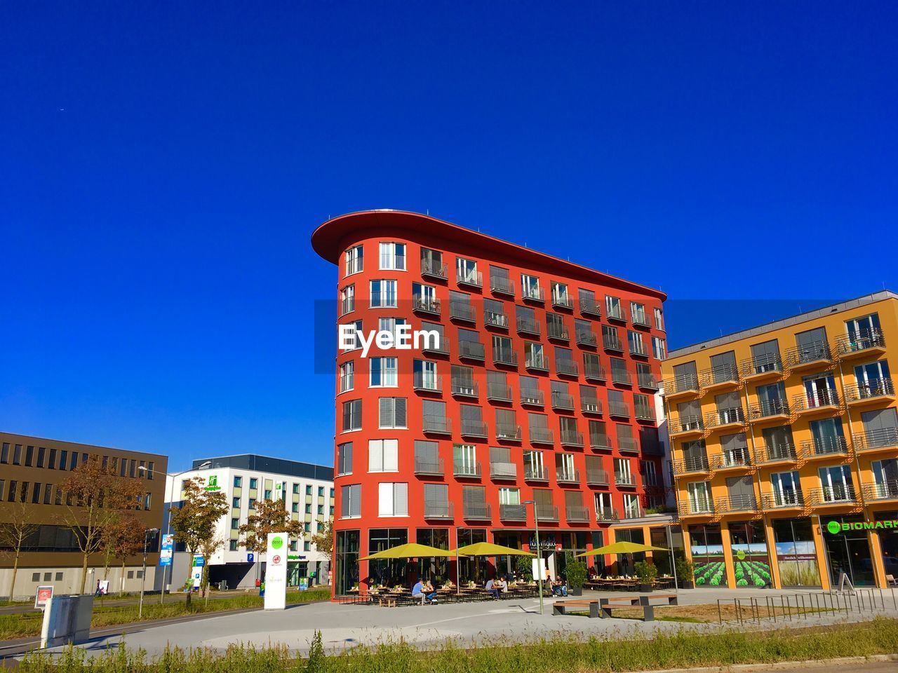 Low angle view of building against blue sky