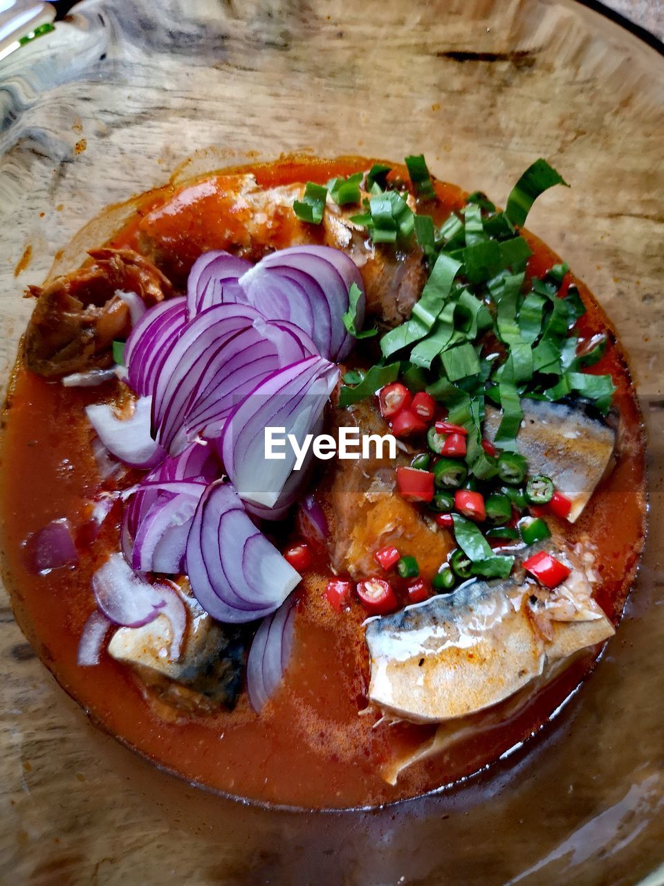 High angle view of  spicy mackerel in  plate on table