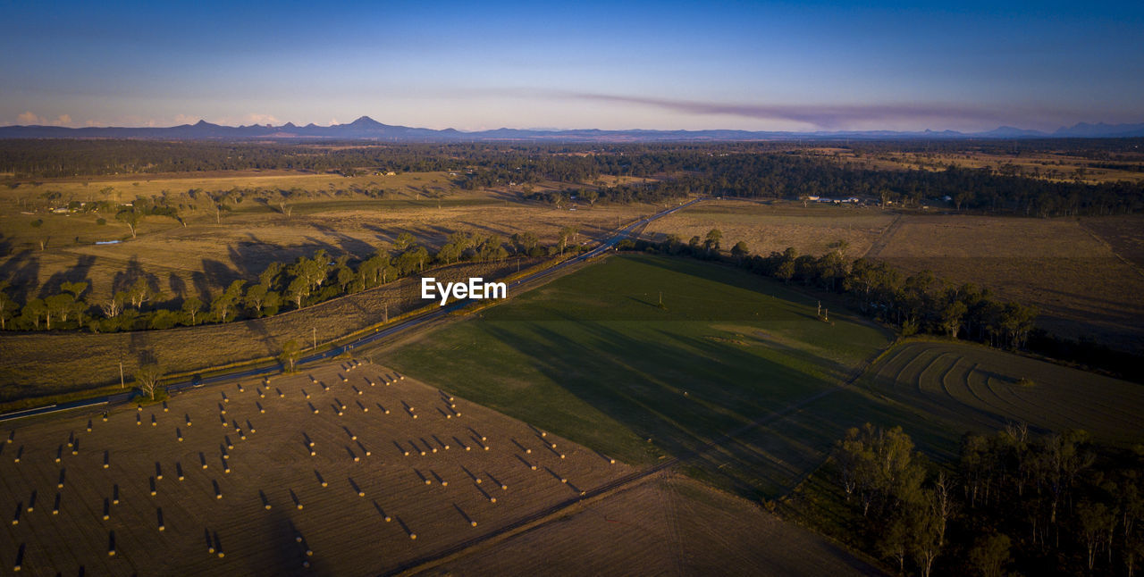 High angle view of agricultural field against sky