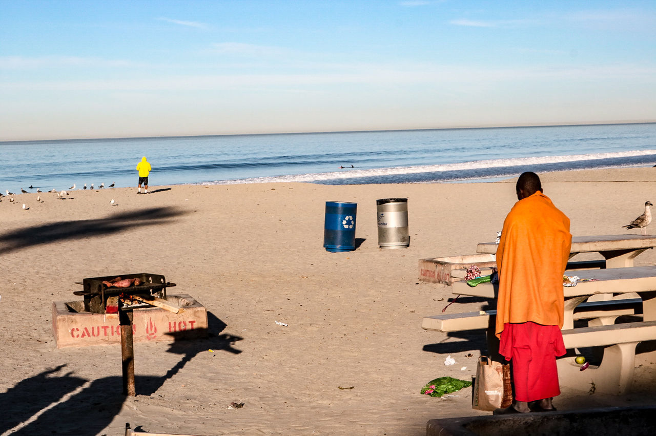 REAR VIEW OF A MAN ON BEACH