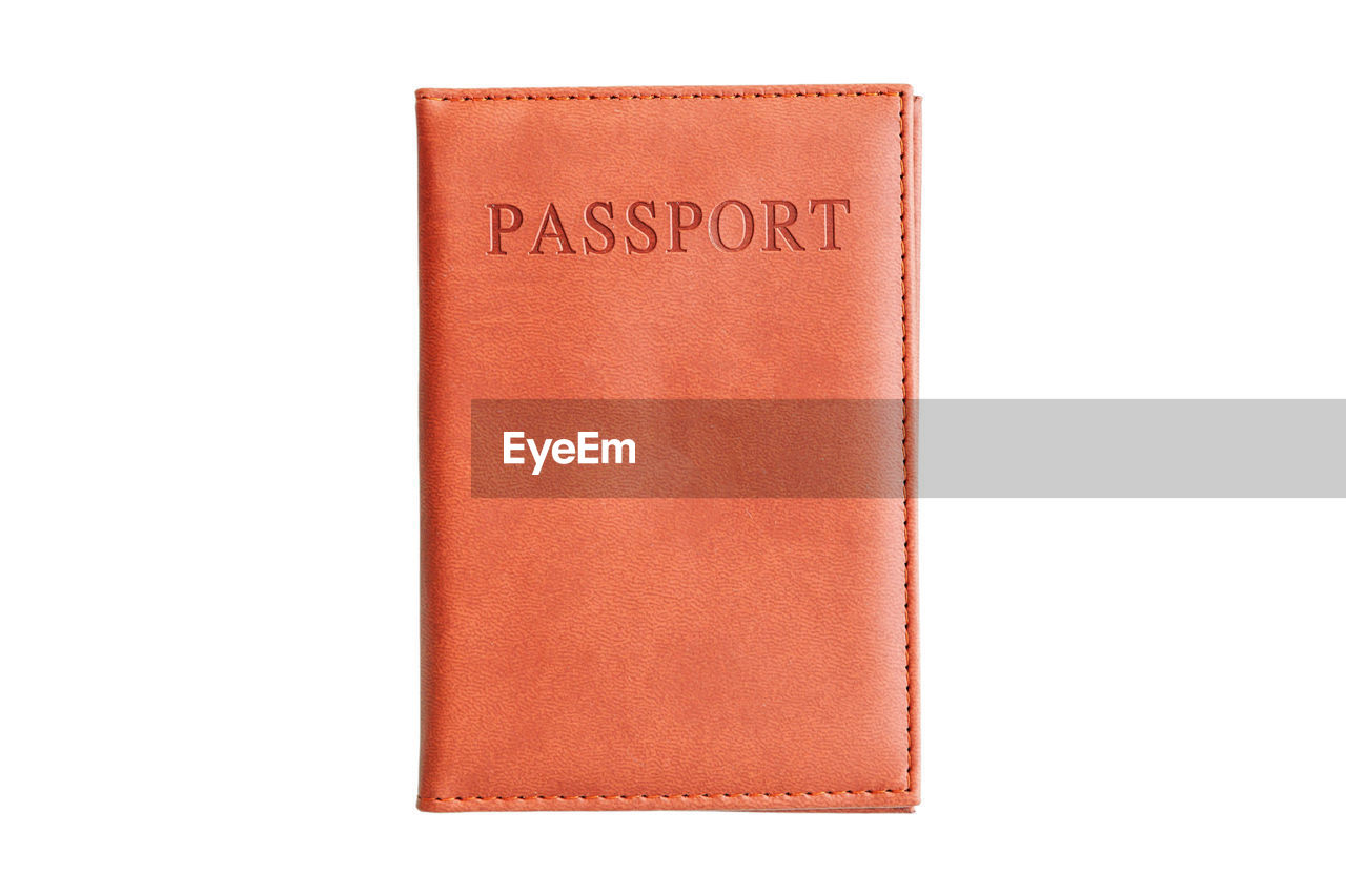 cut out, white background, copy space, leather, brown, wallet, orange, text, studio shot, single object, document, no people, indoors, communication, business, paper
