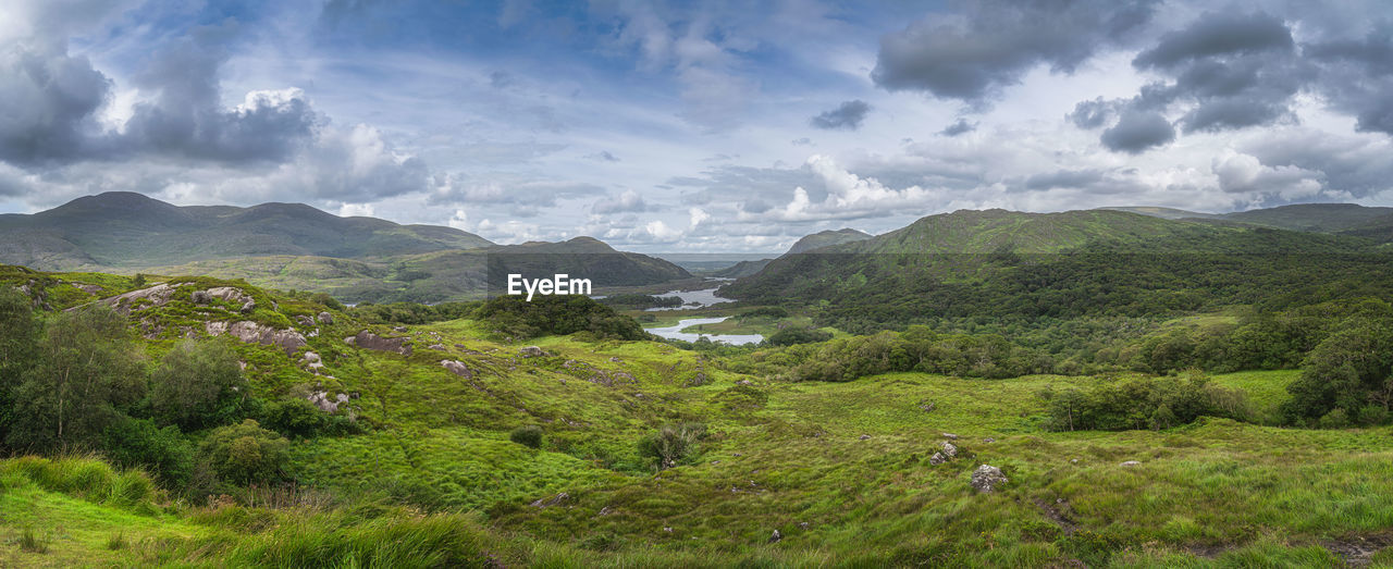 Irish iconic viewpoint, ladies view, with lakes, valley, forest and mountains, rink of kerry ireland