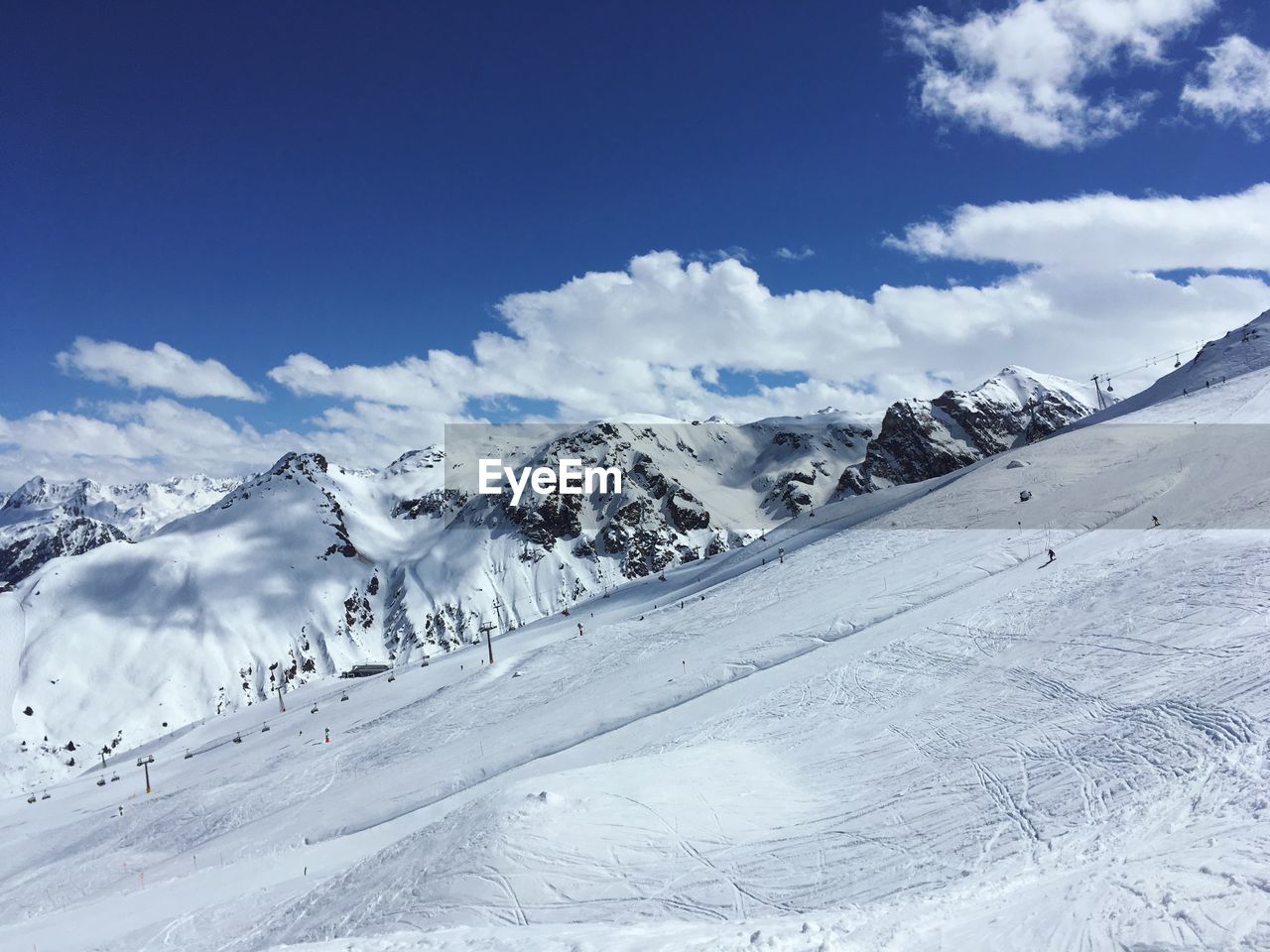 Scenic view of snow covered mountains against sky